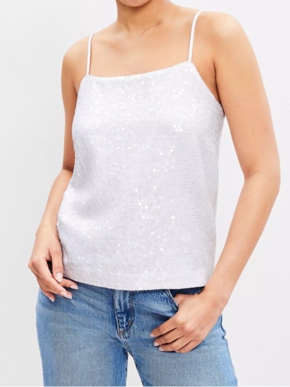 LOFT White Sequin Spaghetti Strap Camisole Top